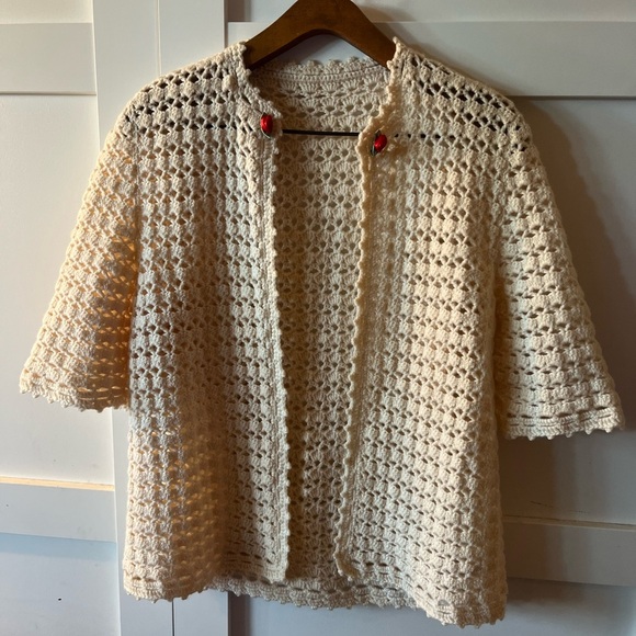 Cream Crochet Cardigan with Red Rose Buttons - Picture 2 of 6